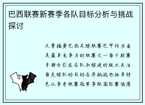 巴西联赛新赛季各队目标分析与挑战探讨