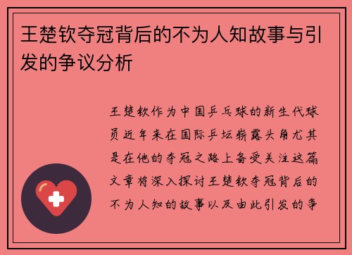 王楚钦夺冠背后的不为人知故事与引发的争议分析