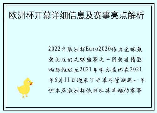 欧洲杯开幕详细信息及赛事亮点解析